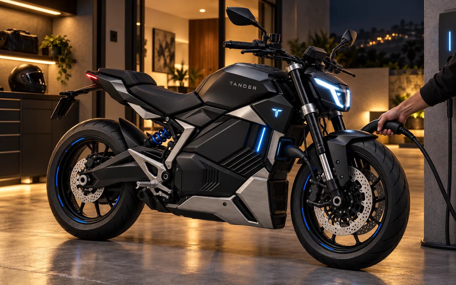 Moto TANDER cargando en la cochera de una casa en Lima