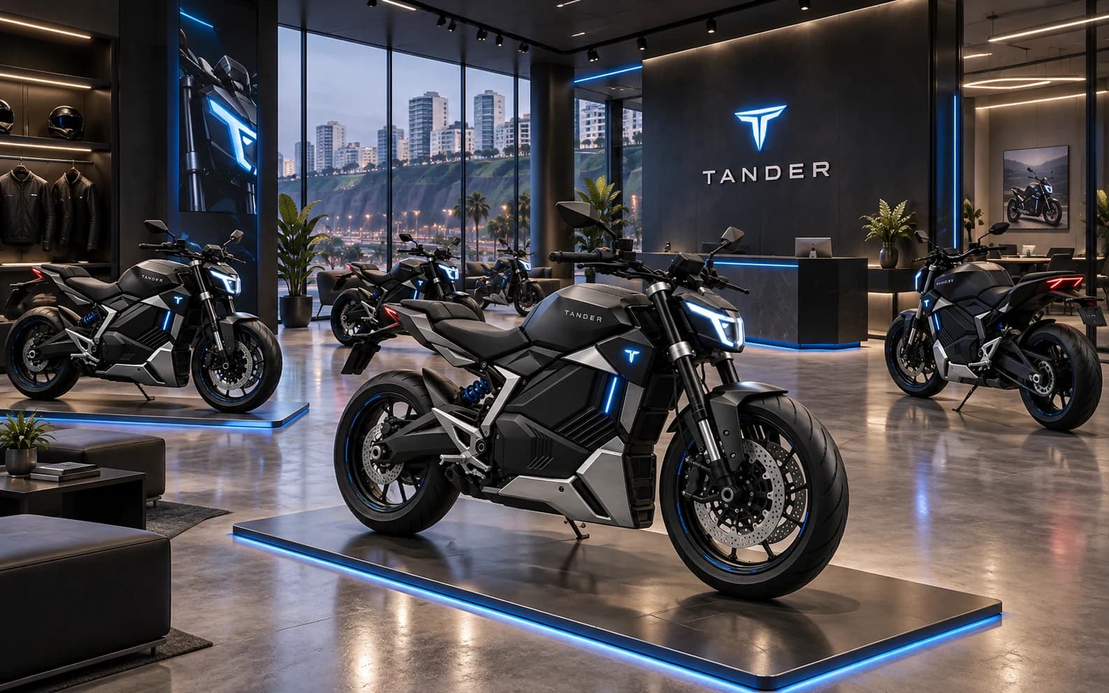 Interior del showroom TANDER en Lima con motos en exhibición